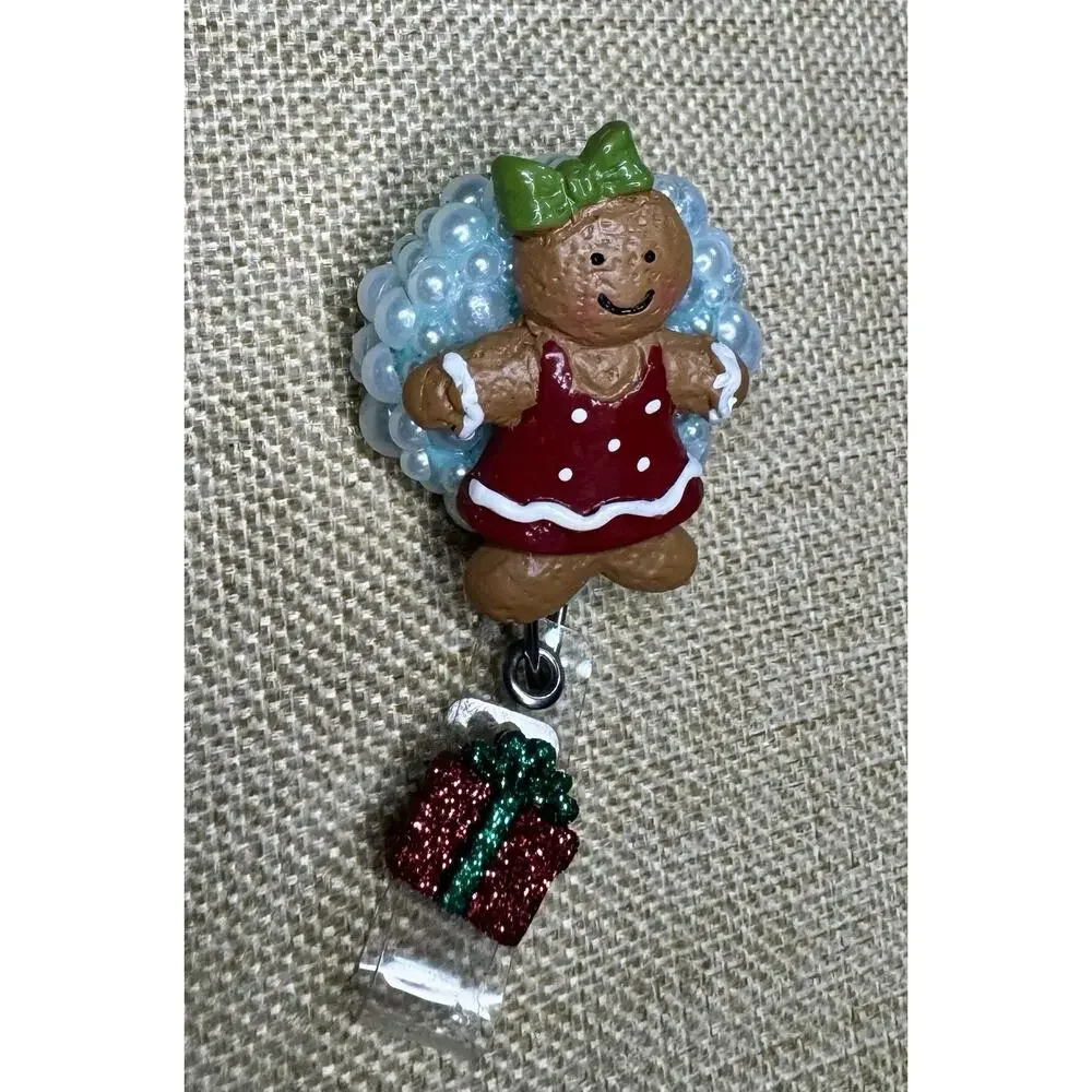 Gingerbread Girl with Blue Pearls Retractable Reel ID Badge Alligator Clip